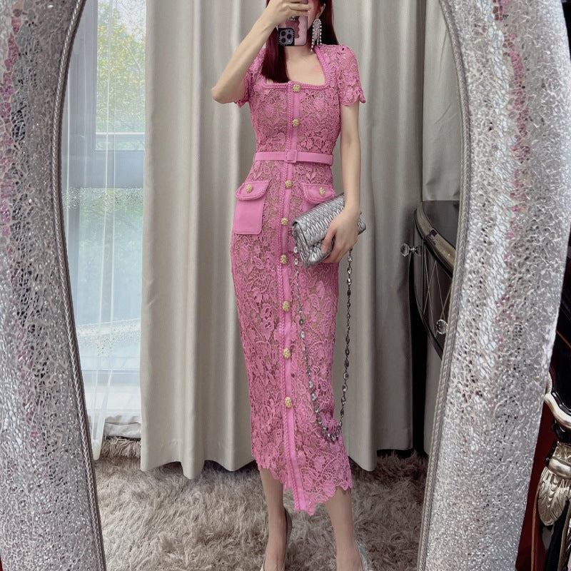 High Quality Women's Elegant Party Dress Long Design with Lace and Button Solid Evening Dress Digital Printing