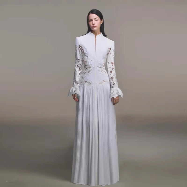 2026 Vintage Casual Sexy Flare Sleeve Lace Long Dress New Temptation Empire Front Breathable Hollow Design for Spring Summer