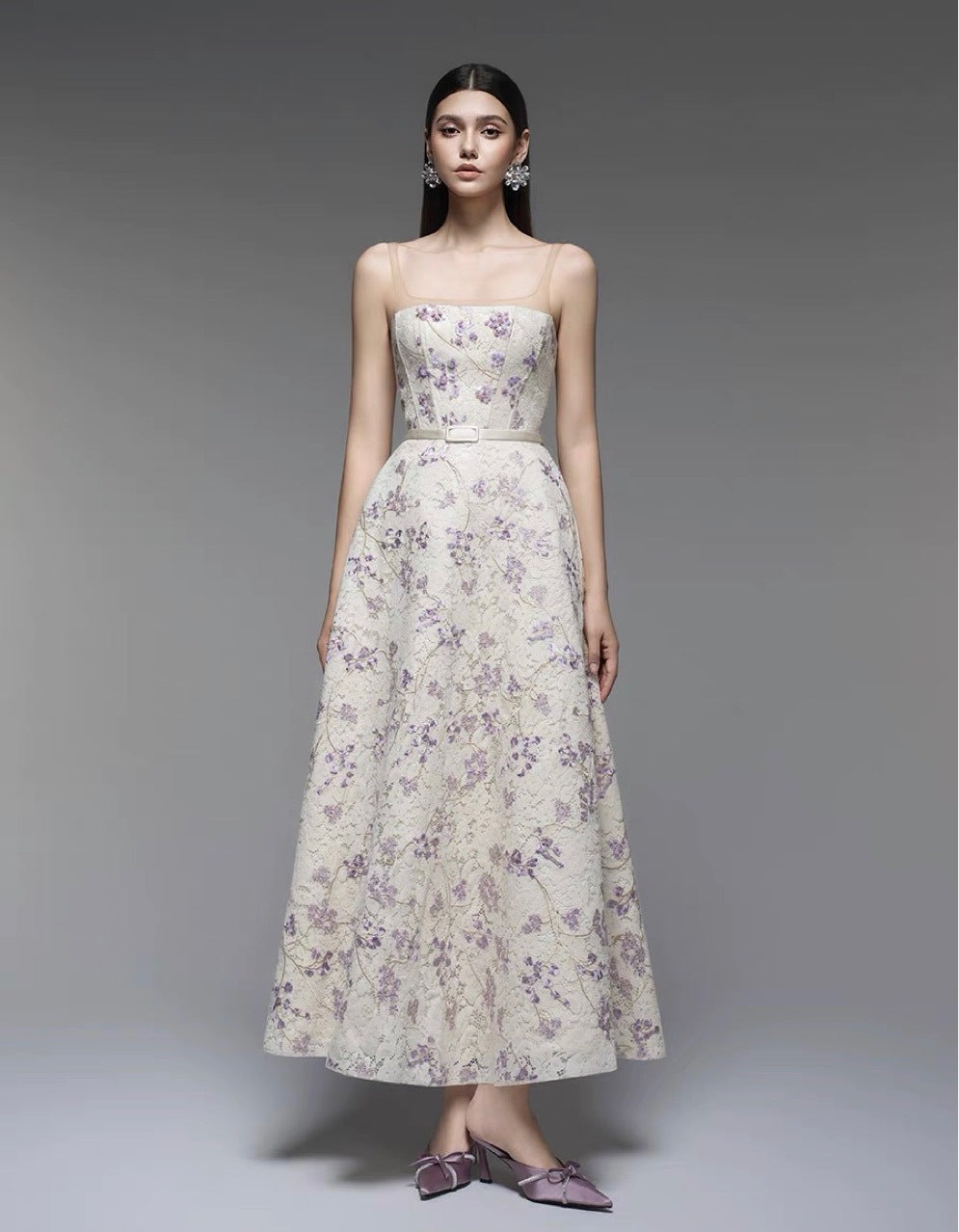Vietnamese design floral print halter dress 2026 new arrival spring season heavy-weight lace embroidery jacquard long dress
