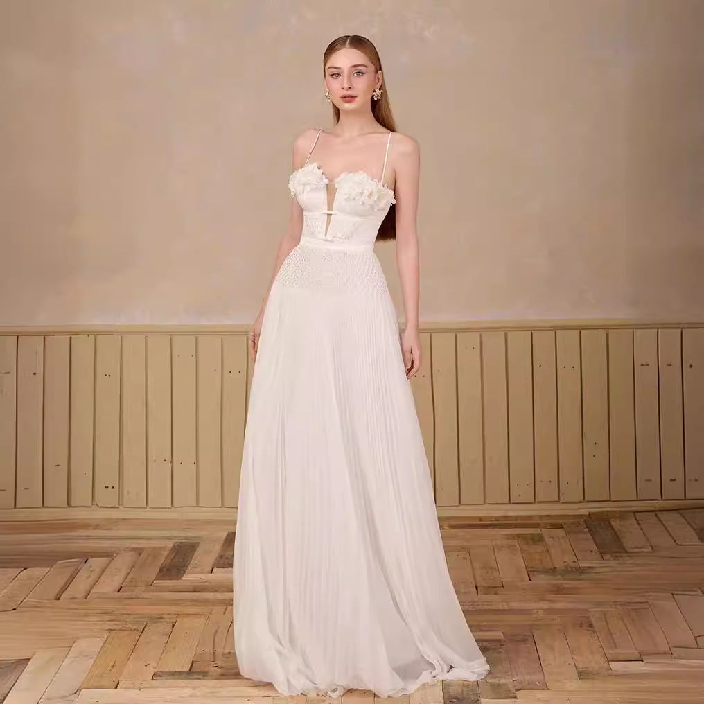 Sweetheart Backless A-Line Sleeveless Pleated Chiffon Lace Ruched Sexy Wedding Dress
