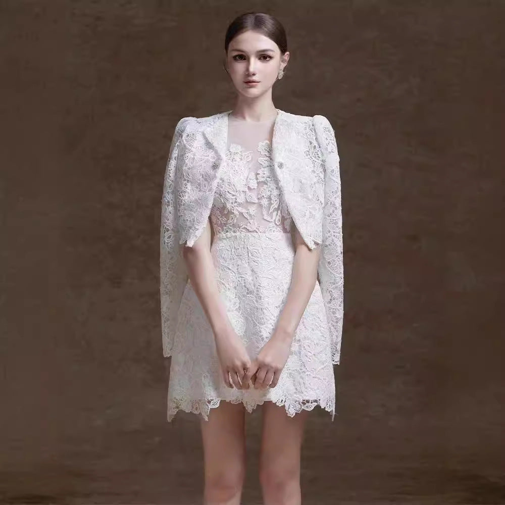High-Grade 2 Piece Set Women O-Neck Long Sleeve Single Button Blouse White Floral Lace Maxi Length Print Mini Skirt Casual Party