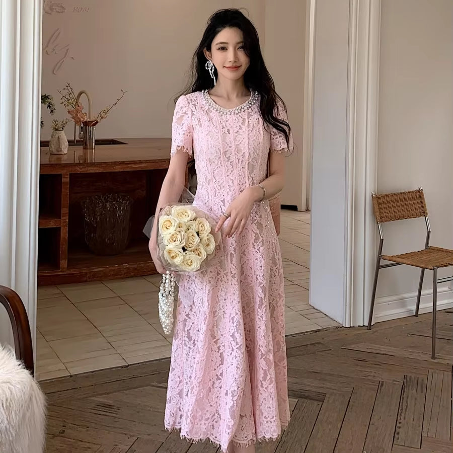 New pink Dress Formal Event Pearl Round Neck Short Sleeve Lace Slim-fit Long Evening Gown Party Holiday Elegant Dress