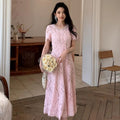 New pink Dress Formal Event Pearl Round Neck Short Sleeve Lace Slim-fit Long Evening Gown Party Holiday Elegant Dress