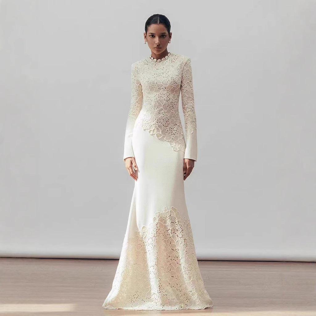High Quality Vintage Elegant Women's Evening Party Dress Long Sleeve Natural Waist Slim Pleated Design Floor-Length Lace Solid