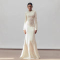 High Quality Vintage Elegant Women's Evening Party Dress Long Sleeve Natural Waist Slim Pleated Design Floor-Length Lace Solid