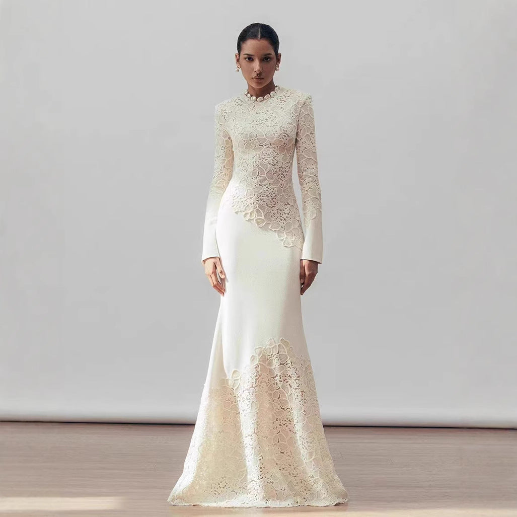 High Quality Vintage Elegant Women's Evening Party Dress Long Sleeve Natural Waist Slim Pleated Design Floor-Length Lace Solid