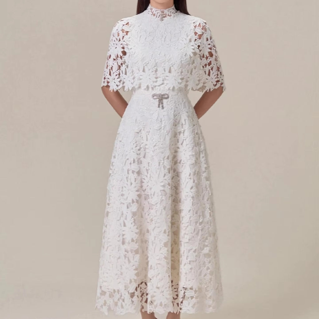 2026 High Quality Women's Casual Long Dress Floral Lace Design Cape Collar Natural Waistline Anti-Static Feature-Black White