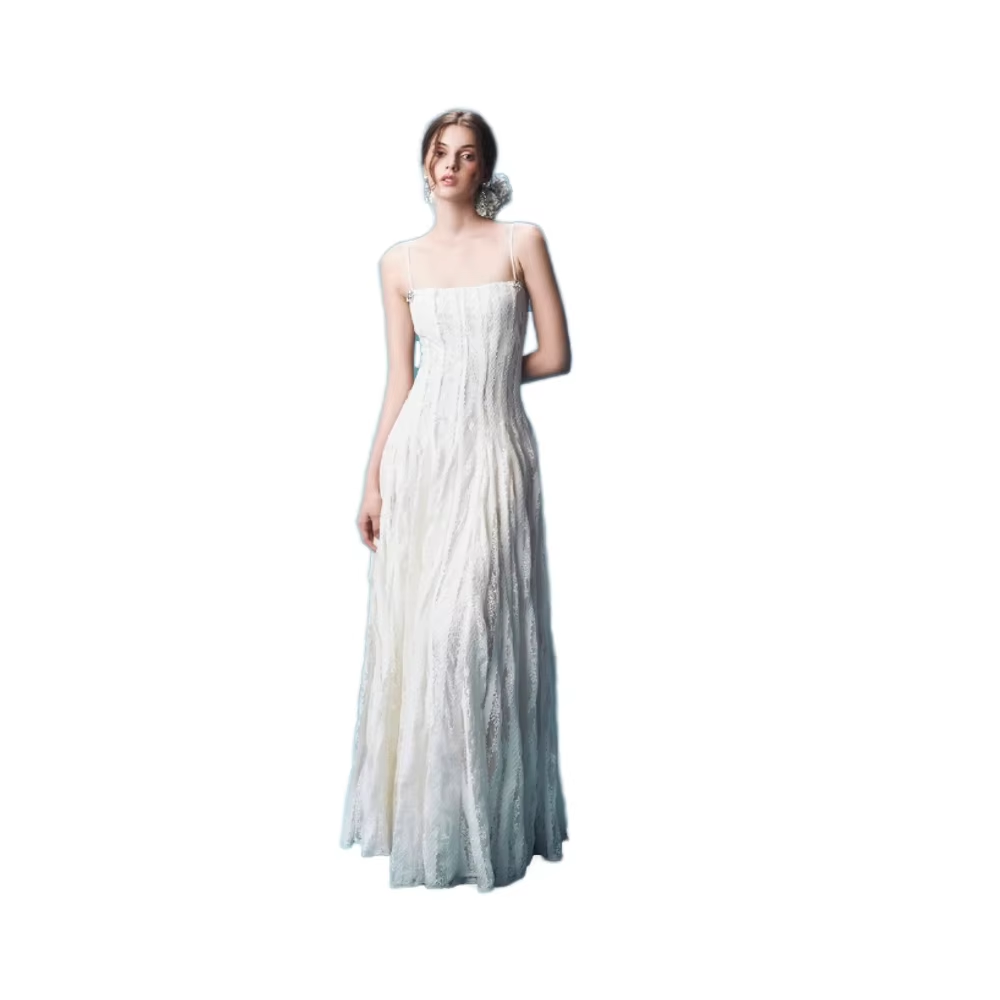High Quality Luxury White Linen Evening Dress Elegant and Sexy Party Dress with Lace Digital Printing