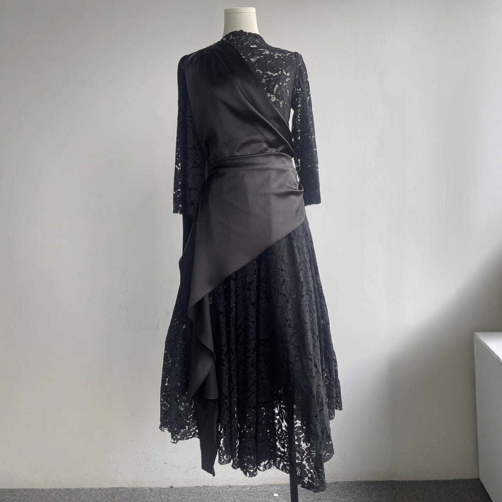 Designer's Solid Woven Digital Printing Plain Dyed Slim Fit Flowing Lace-trimmed Maxi Dress Pleats Formal Party Style for Women