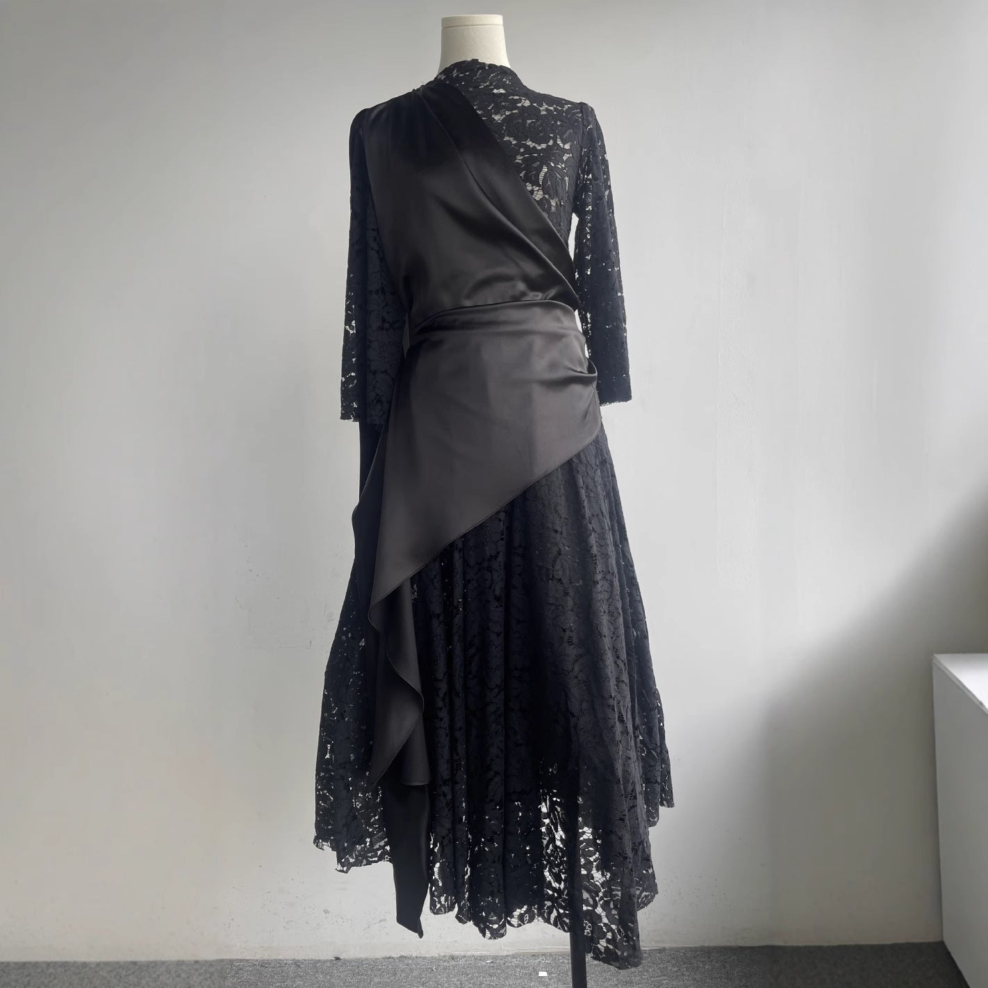Designer's Solid Woven Digital Printing Plain Dyed Slim Fit Flowing Lace-trimmed Maxi Dress Pleats Formal Party Style for Women