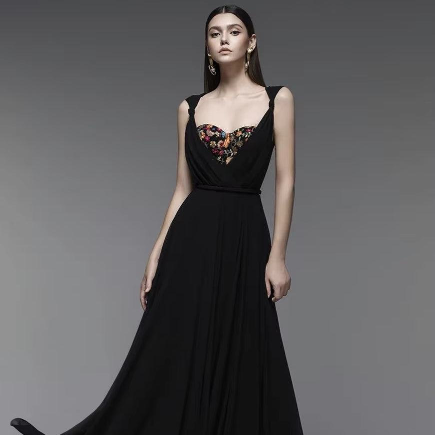 Spring Summer New Camisole Dress Vietnam Niche Collection Heart-Shaped Lace Splicing Neckline Big Skirt Woven Woven Pattern