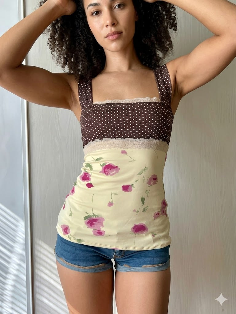 2026 Vintage Polka Dot Lace Patchwork Camisole Women Square Neck Tie Back Slim Robe