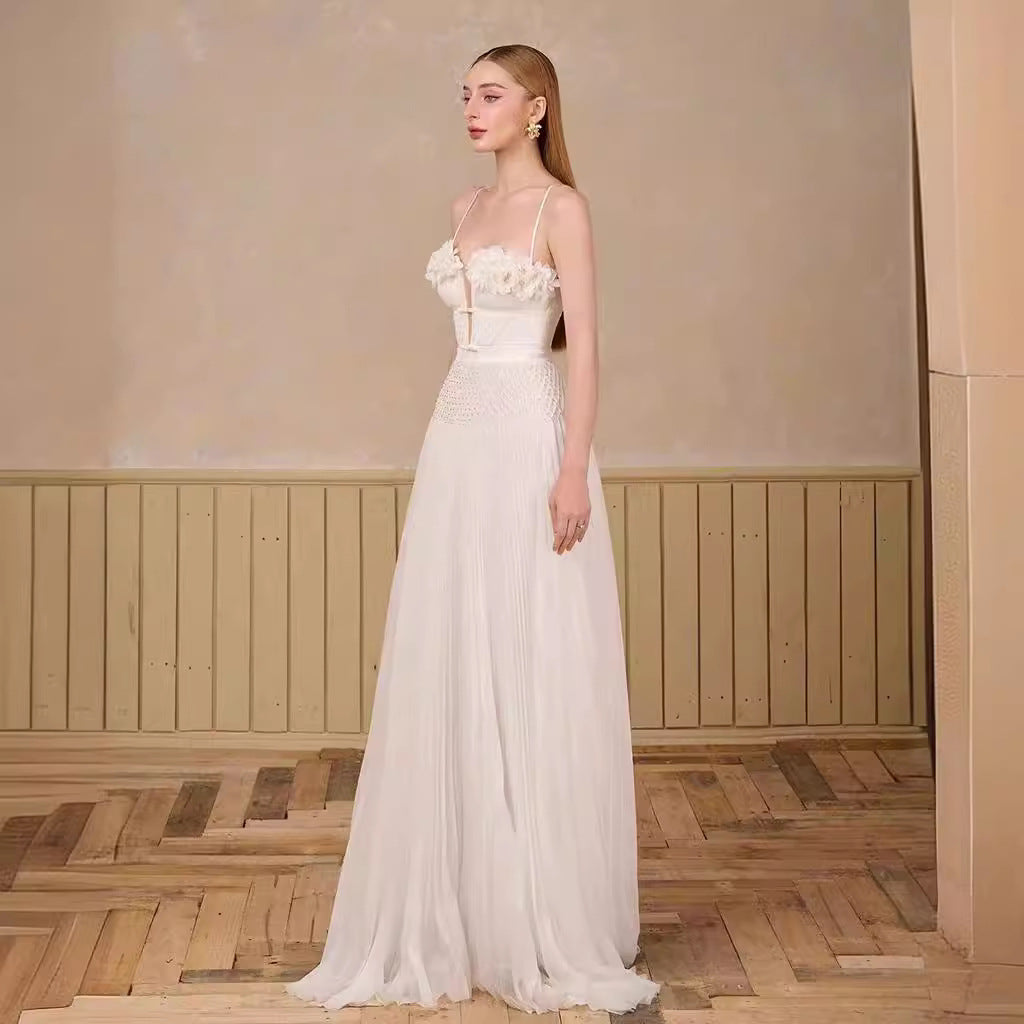 Sweetheart Backless A-Line Sleeveless Pleated Chiffon Lace Ruched Sexy Wedding Dress