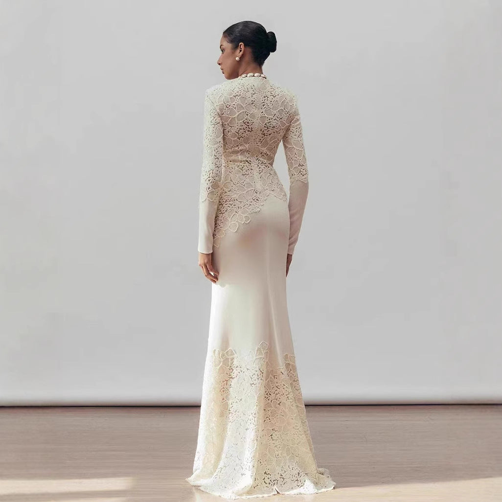 High Quality Vintage Elegant Women's Evening Party Dress Long Sleeve Natural Waist Slim Pleated Design Floor-Length Lace Solid