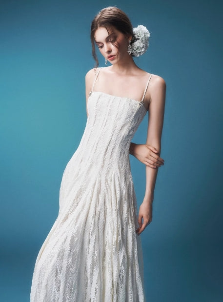 High Quality Luxury White Linen Evening Dress Elegant and Sexy Party Dress with Lace Digital Printing