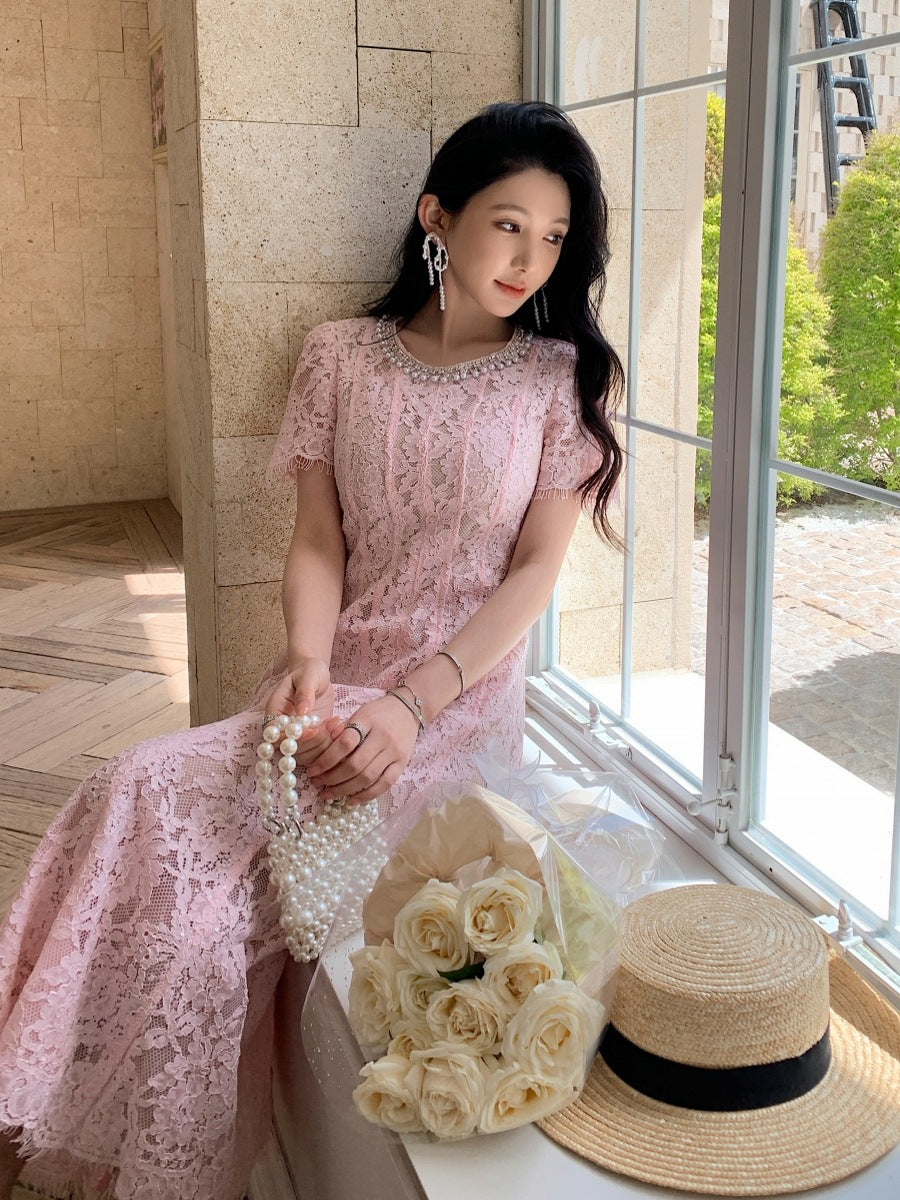 New pink Dress Formal Event Pearl Round Neck Short Sleeve Lace Slim-fit Long Evening Gown Party Holiday Elegant Dress