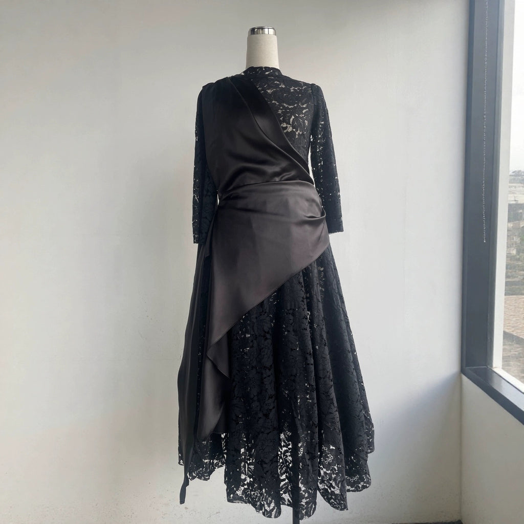 Designer's Solid Woven Digital Printing Plain Dyed Slim Fit Flowing Lace-trimmed Maxi Dress Pleats Formal Party Style for Women