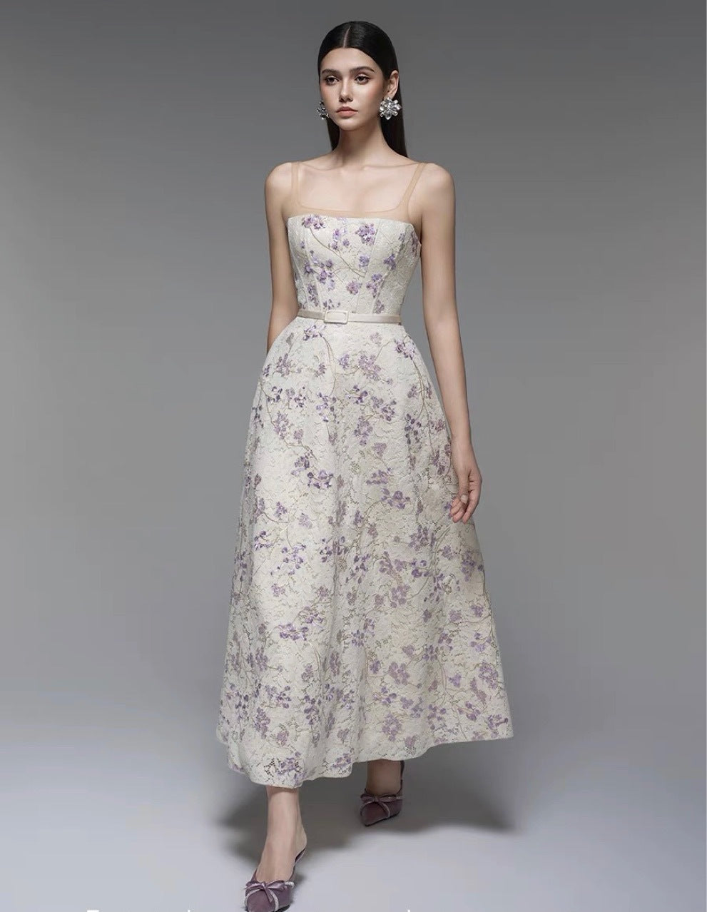 Vietnamese design floral print halter dress 2026 new arrival spring season heavy-weight lace embroidery jacquard long dress
