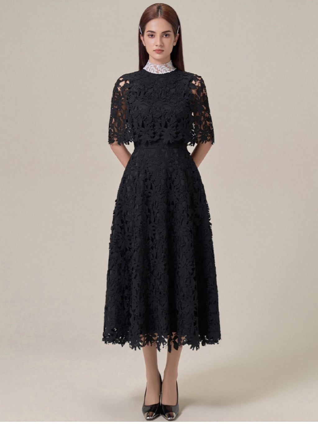 2026 High Quality Women's Casual Long Dress Floral Lace Design Cape Collar Natural Waistline Anti-Static Feature-Black White