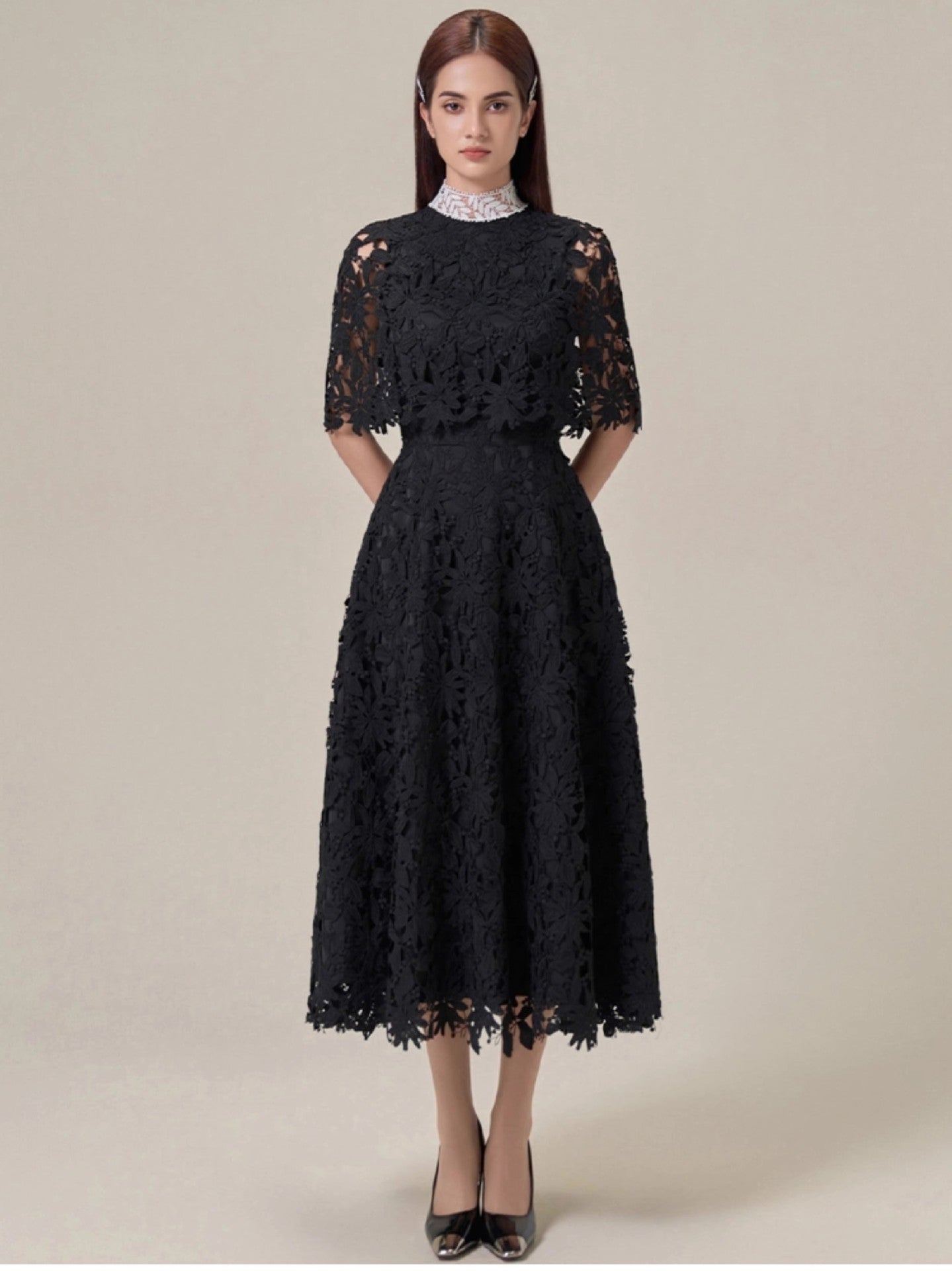 2026 High Quality Women's Casual Long Dress Floral Lace Design Cape Collar Natural Waistline Anti-Static Feature-Black White