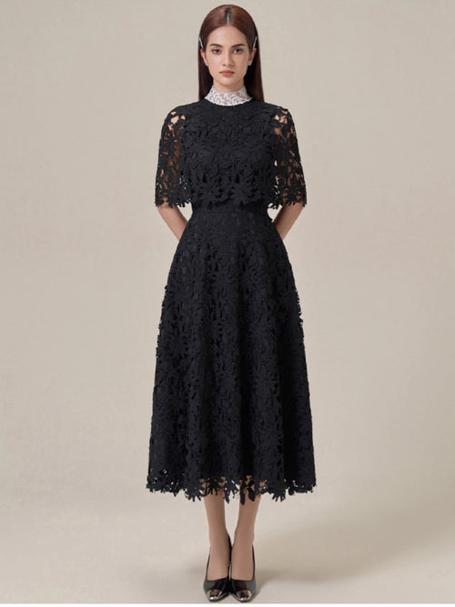 2026 High Quality Women's Casual Long Dress Floral Lace Design Cape Collar Natural Waistline Anti-Static Feature-Black White