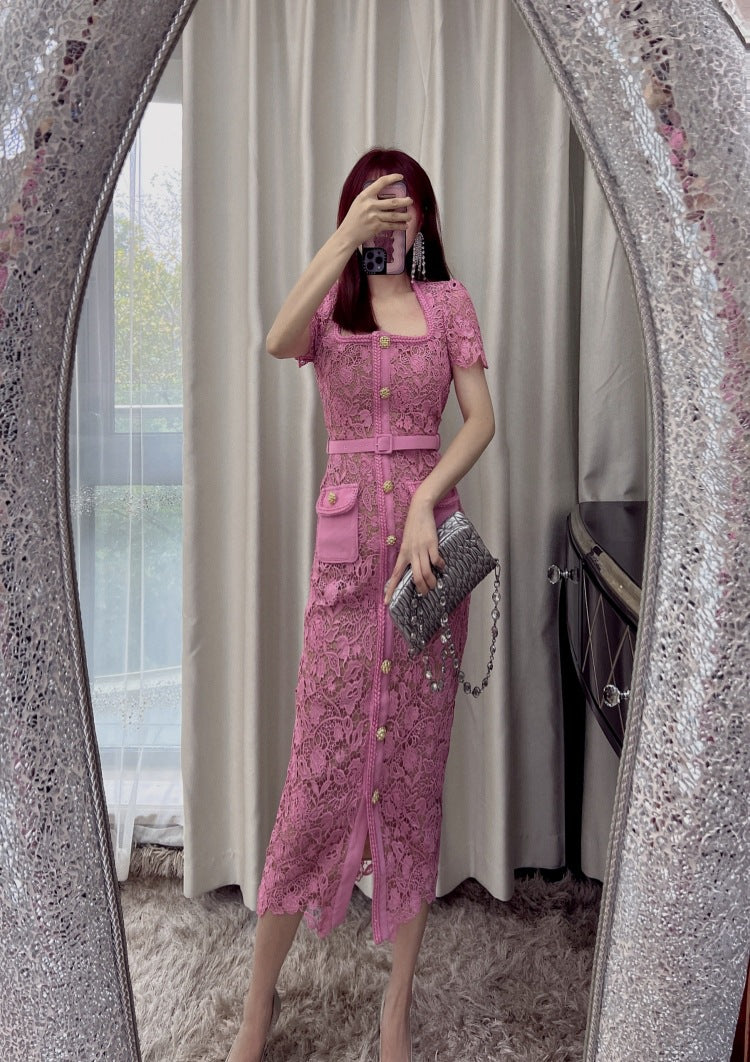 High Quality Women's Elegant Party Dress Long Design with Lace and Button Solid Evening Dress Digital Printing
