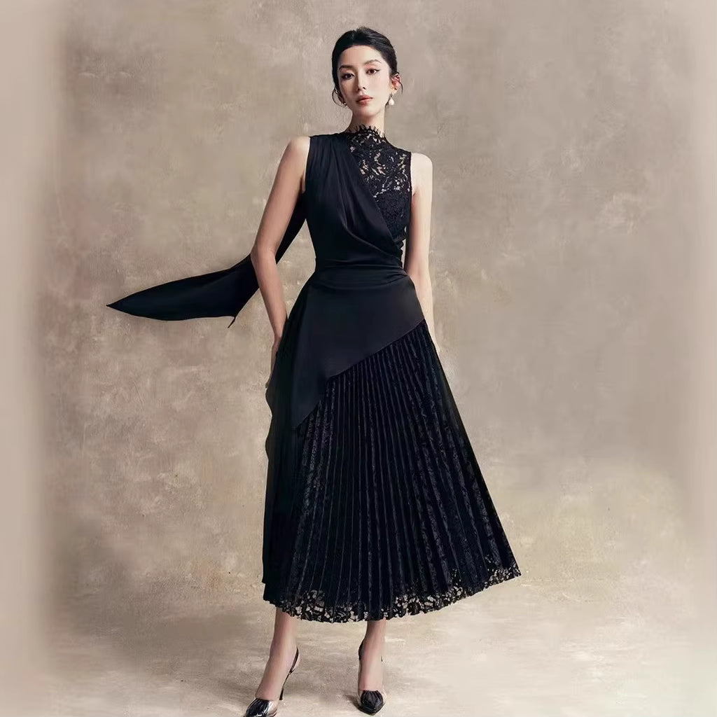 Designer's Solid Woven Digital Printing Plain Dyed Slim Fit Flowing Lace-trimmed Maxi Dress Pleats Formal Party Style for Women