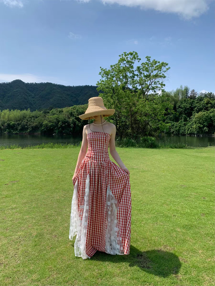 High Quality Summer Casual Dress Elegant White Lace and Red Cotton Patchwork Woven Weave Design for Sweet Girls