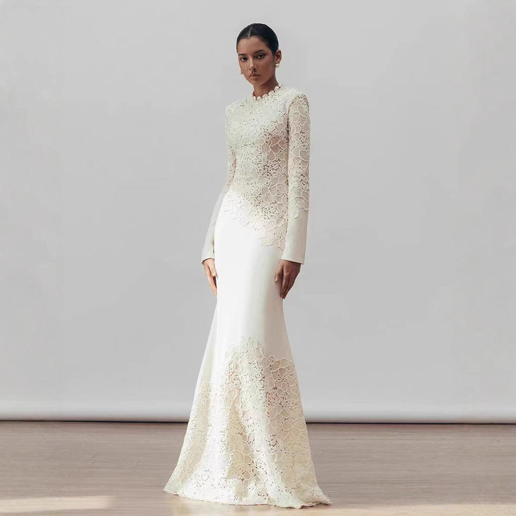 High Quality Vintage Elegant Women's Evening Party Dress Long Sleeve Natural Waist Slim Pleated Design Floor-Length Lace Solid