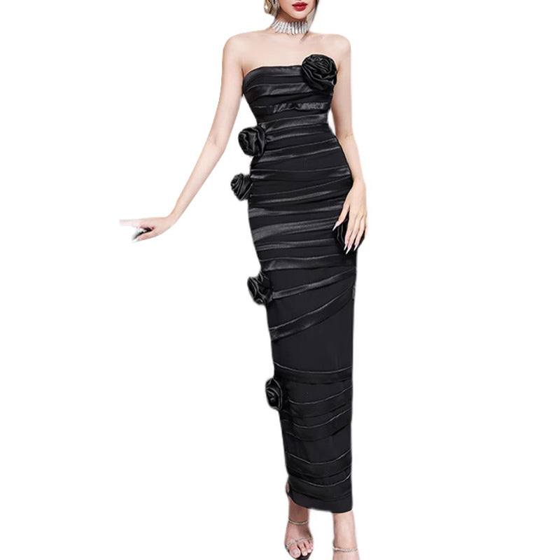 Elegant Women's Party Dress Sexy Strapless Lace Long Design with High Quality Digital Printing Woven Print