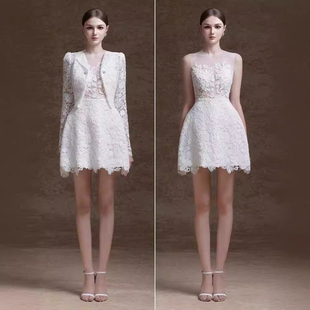 High-Grade 2 Piece Set Women O-Neck Long Sleeve Single Button Blouse White Floral Lace Maxi Length Print Mini Skirt Casual Party