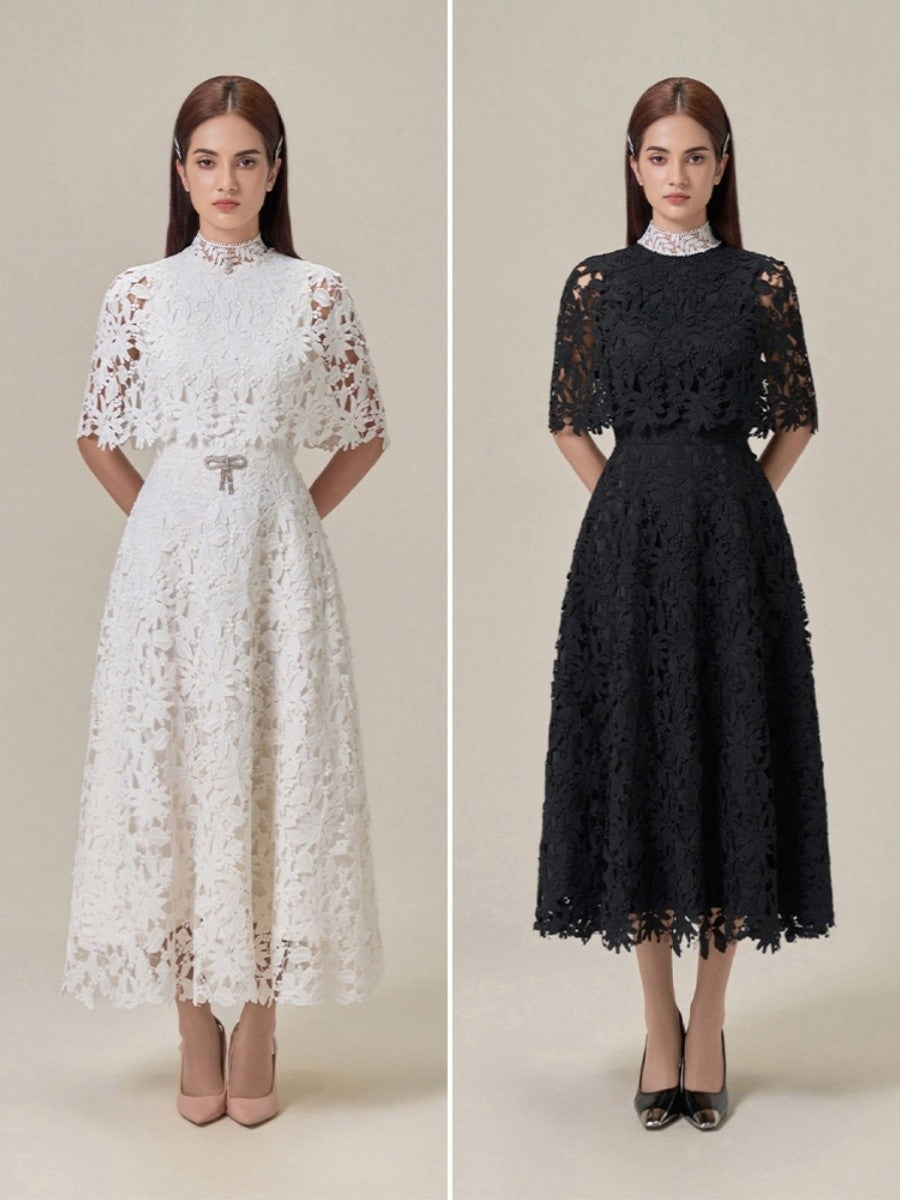 2026 High Quality Women's Casual Long Dress Floral Lace Design Cape Collar Natural Waistline Anti-Static Feature-Black White