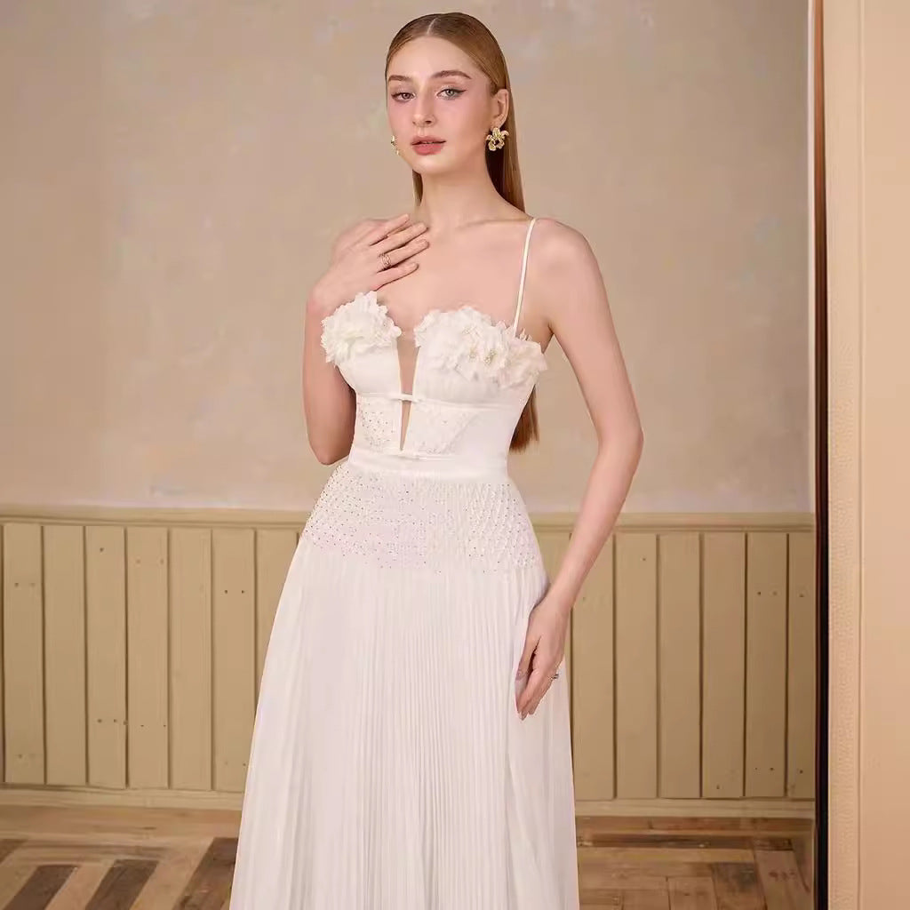 Sweetheart Backless A-Line Sleeveless Pleated Chiffon Lace Ruched Sexy Wedding Dress