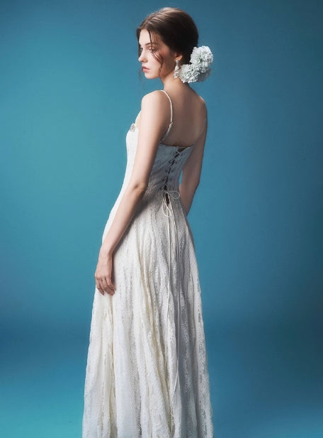 High Quality Luxury White Linen Evening Dress Elegant and Sexy Party Dress with Lace Digital Printing