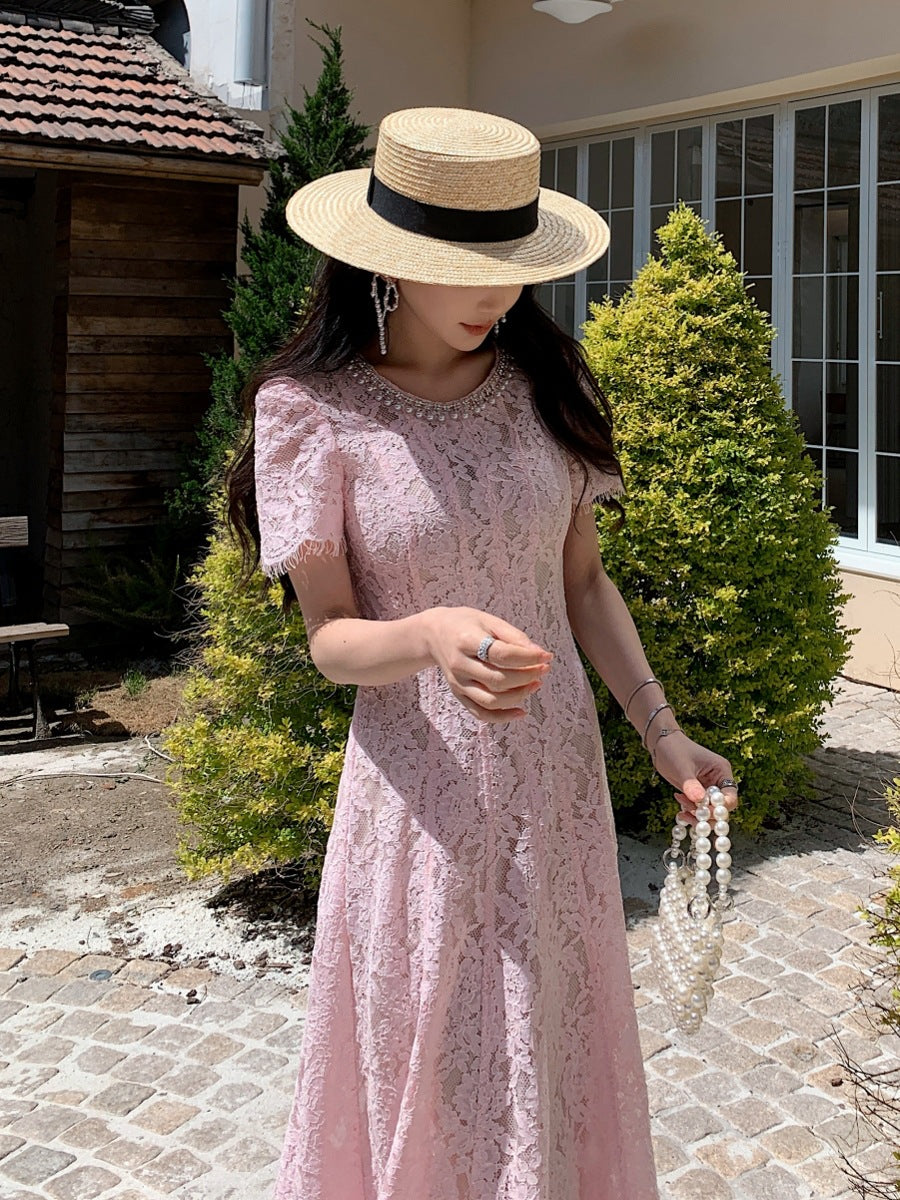 New pink Dress Formal Event Pearl Round Neck Short Sleeve Lace Slim-fit Long Evening Gown Party Holiday Elegant Dress