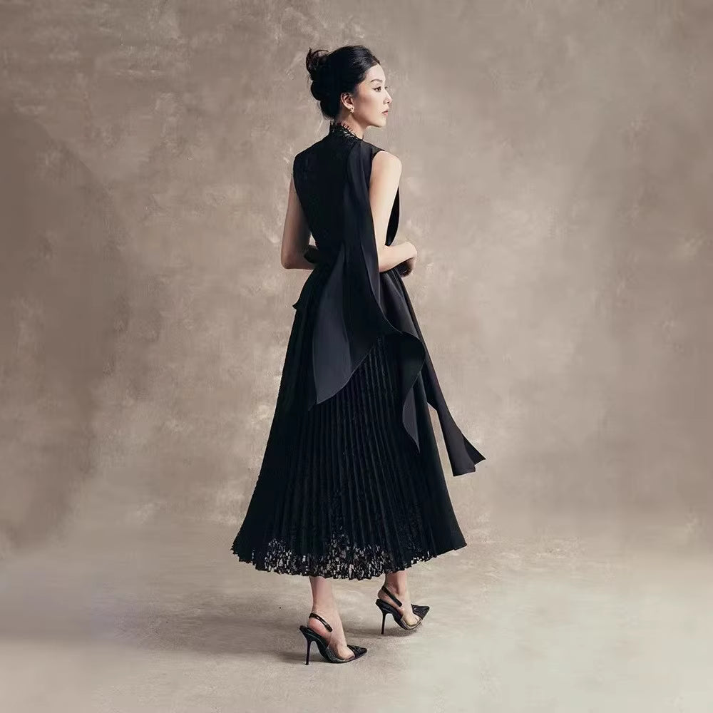 Designer's Solid Woven Digital Printing Plain Dyed Slim Fit Flowing Lace-trimmed Maxi Dress Pleats Formal Party Style for Women
