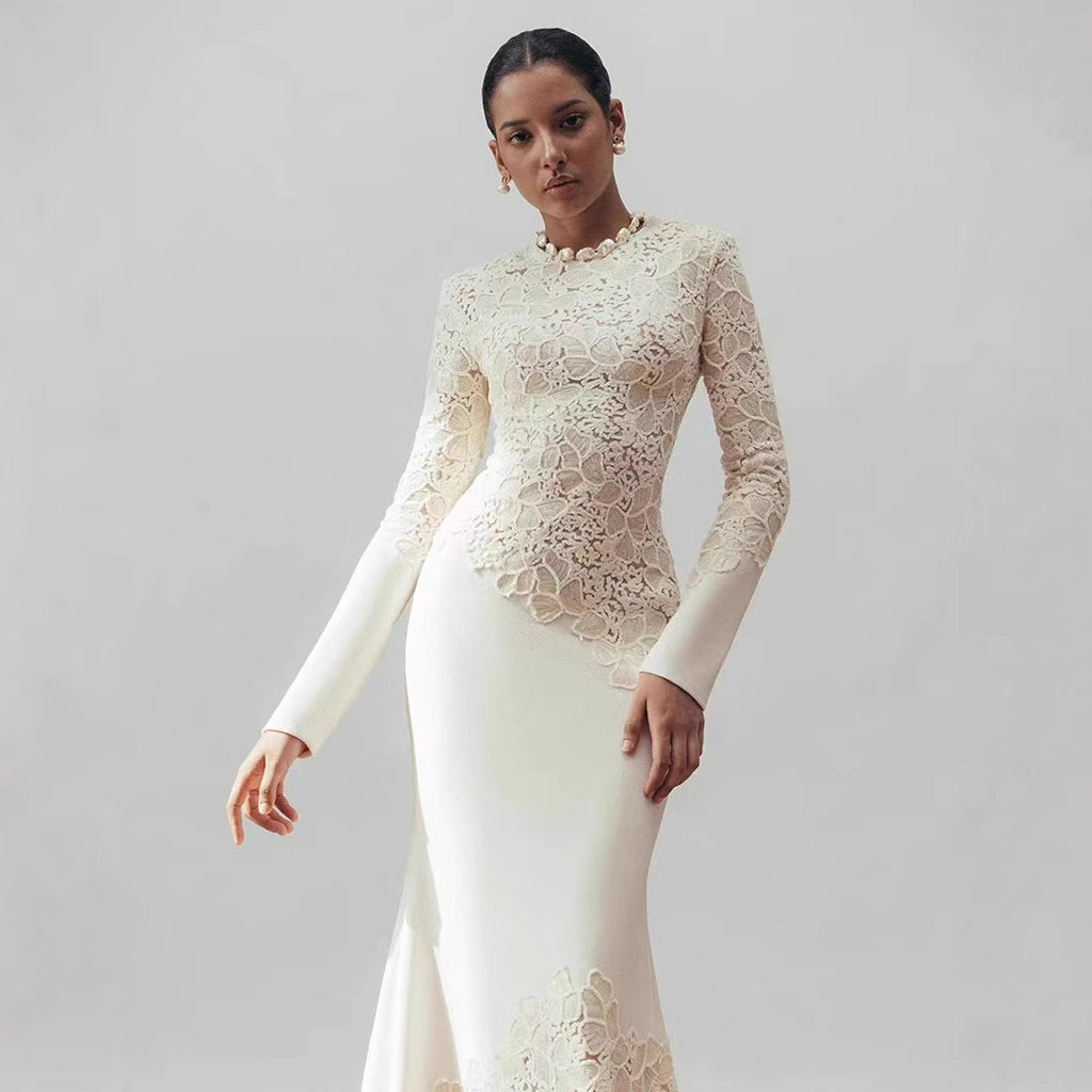 High Quality Vintage Elegant Women's Evening Party Dress Long Sleeve Natural Waist Slim Pleated Design Floor-Length Lace Solid
