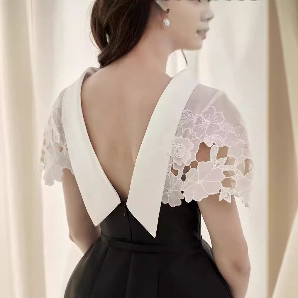 High Quality Elegant Women's Evening Dresses Long Design with Lace Maxi Length Party Style Solid Pattern Woven