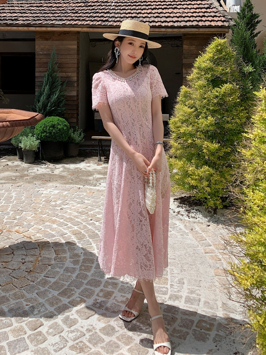 New pink Dress Formal Event Pearl Round Neck Short Sleeve Lace Slim-fit Long Evening Gown Party Holiday Elegant Dress