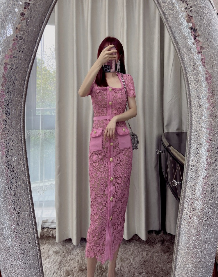 High Quality Women's Elegant Party Dress Long Design with Lace and Button Solid Evening Dress Digital Printing