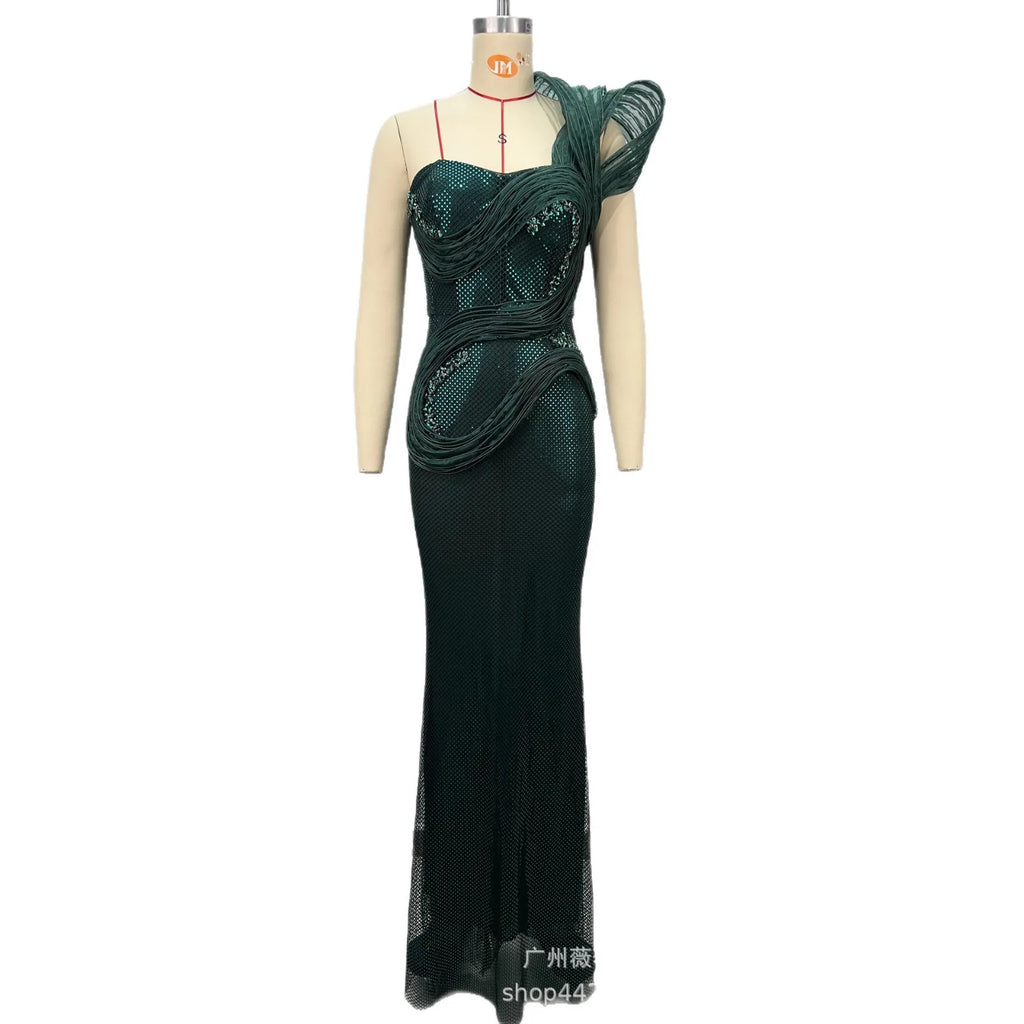 Elegant Tube Top One-shoulder Evening Dress Heavy Diamond-encrusted Figure-hugging Sleeveless Party Dress
