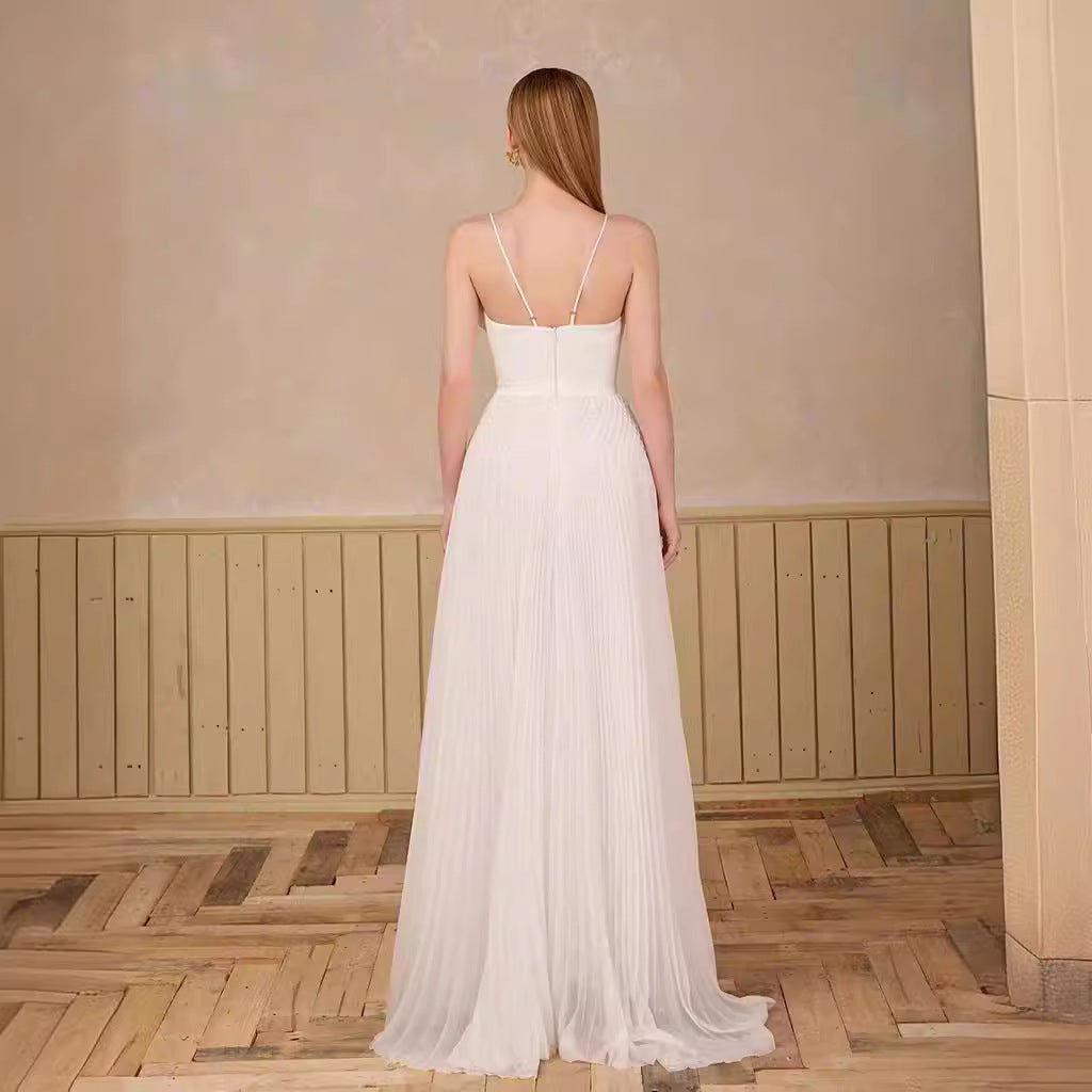 Sweetheart Backless A-Line Sleeveless Pleated Chiffon Lace Ruched Sexy Wedding Dress