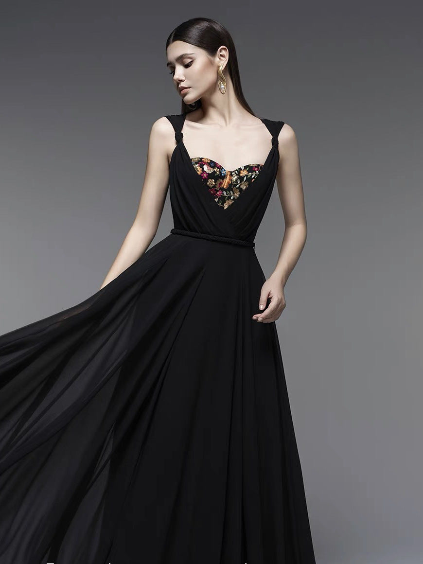 Spring Summer New Camisole Dress Vietnam Niche Collection Heart-Shaped Lace Splicing Neckline Big Skirt Woven Woven Pattern