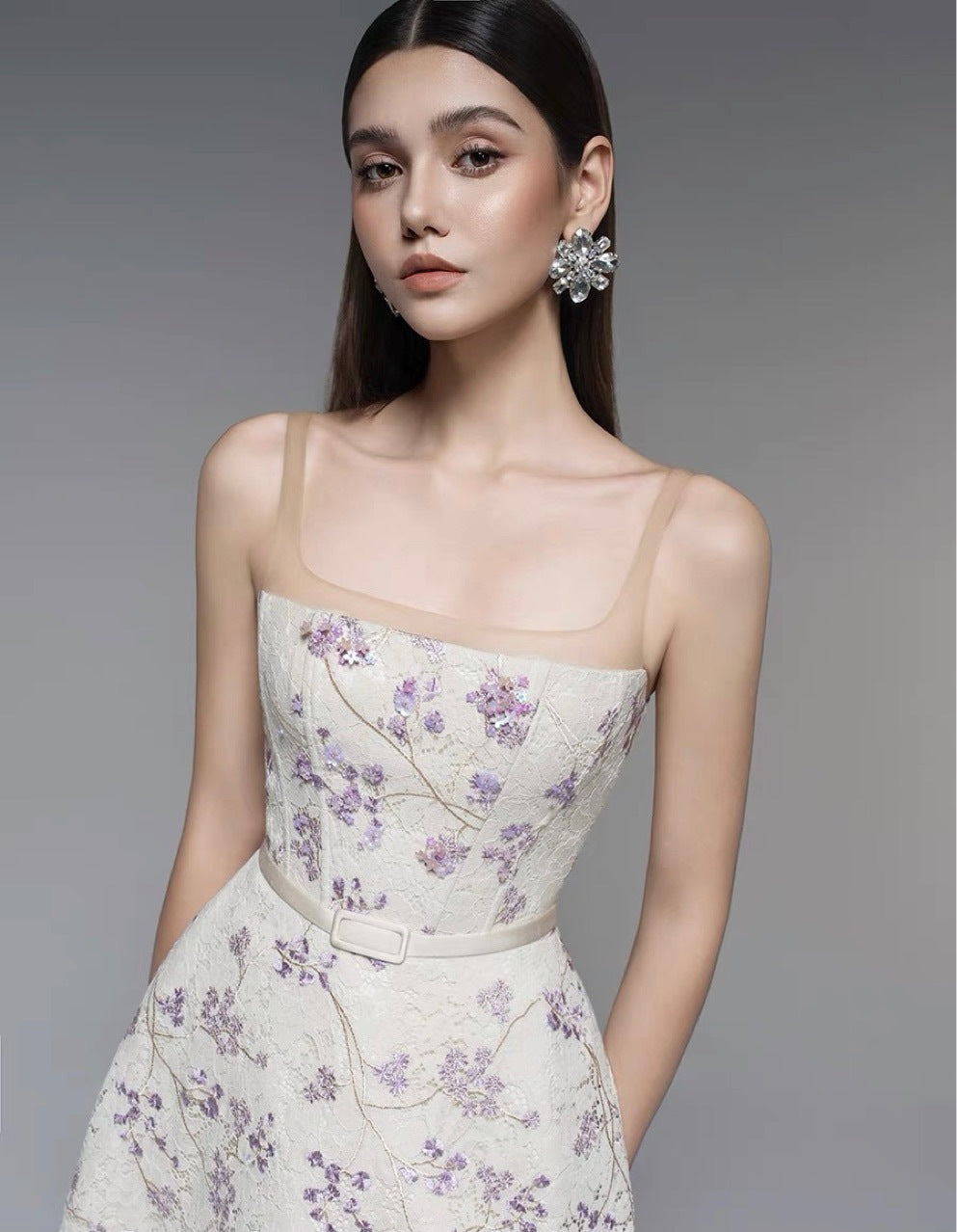 Vietnamese design floral print halter dress 2026 new arrival spring season heavy-weight lace embroidery jacquard long dress