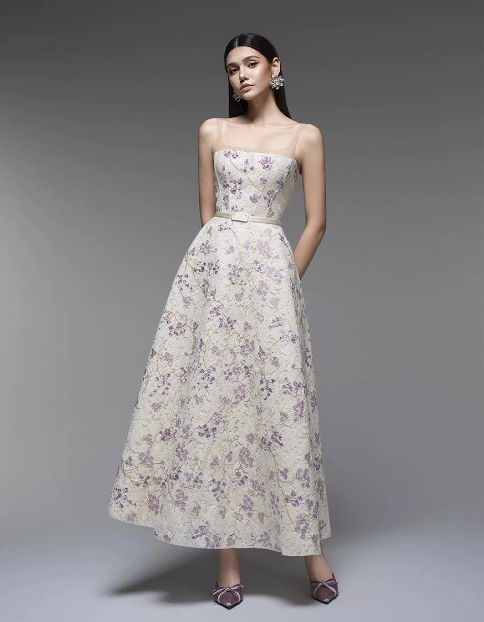 Vietnamese design floral print halter dress 2026 new arrival spring season heavy-weight lace embroidery jacquard long dress