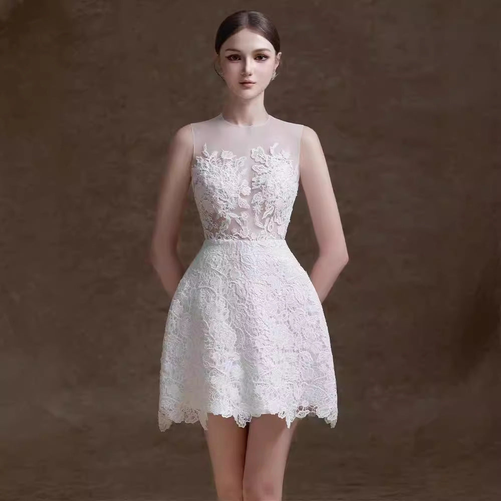 High-Grade 2 Piece Set Women O-Neck Long Sleeve Single Button Blouse White Floral Lace Maxi Length Print Mini Skirt Casual Party
