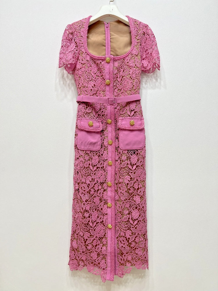 High Quality Women's Elegant Party Dress Long Design with Lace and Button Solid Evening Dress Digital Printing