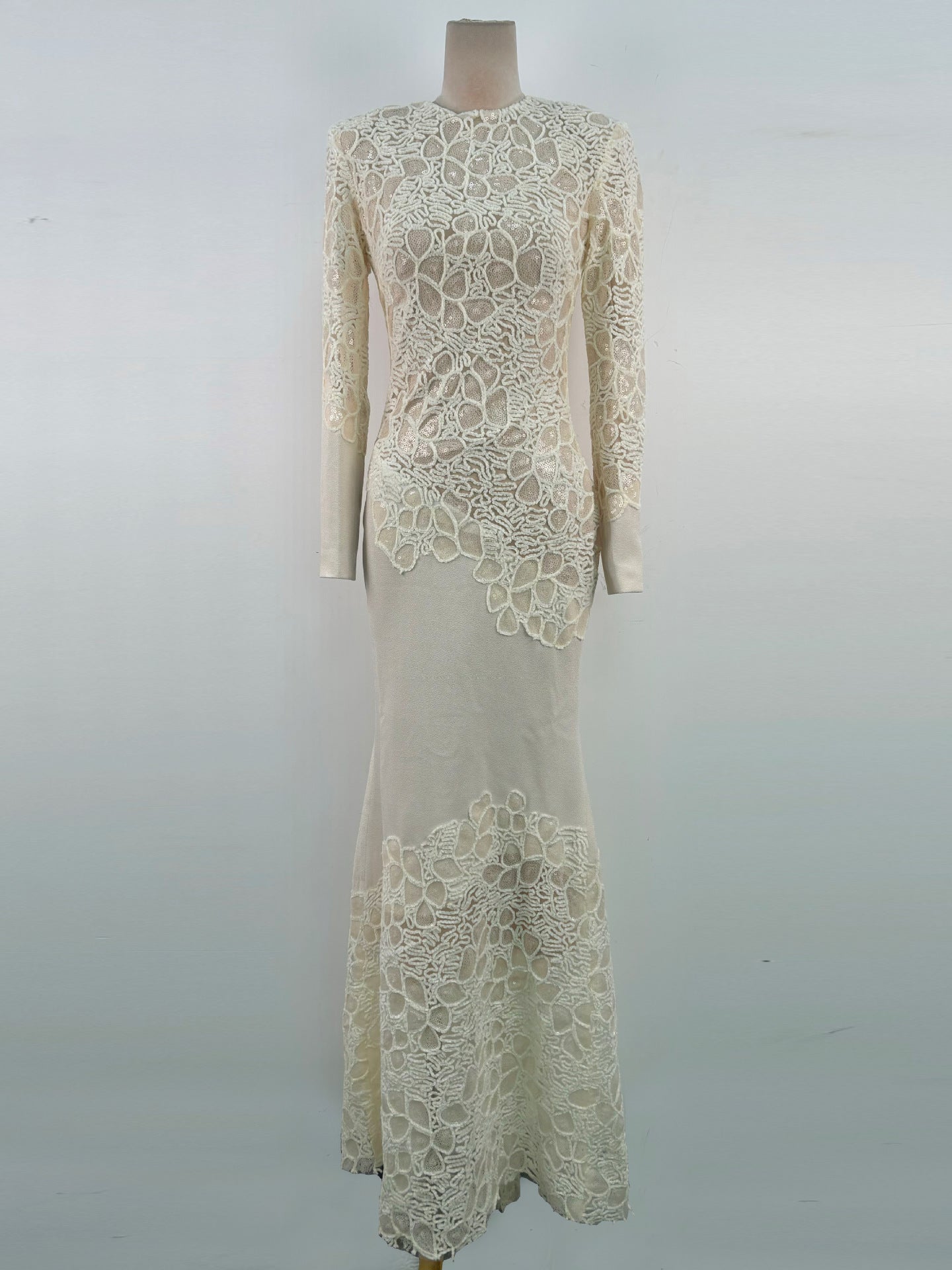 High Quality Vintage Elegant Women's Evening Party Dress Long Sleeve Natural Waist Slim Pleated Design Floor-Length Lace Solid
