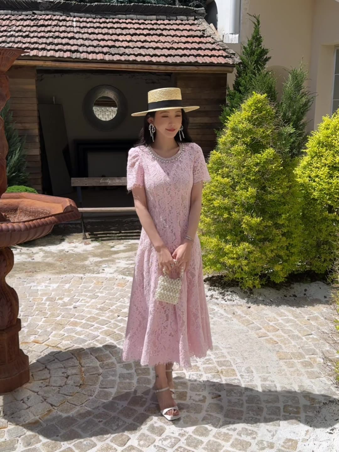 New pink Dress Formal Event Pearl Round Neck Short Sleeve Lace Slim-fit Long Evening Gown Party Holiday Elegant Dress