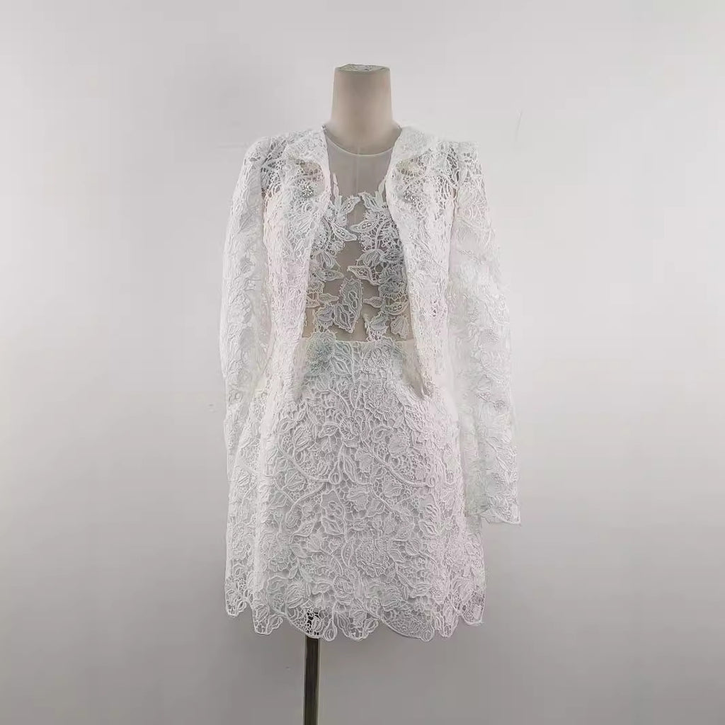 High-Grade 2 Piece Set Women O-Neck Long Sleeve Single Button Blouse White Floral Lace Maxi Length Print Mini Skirt Casual Party
